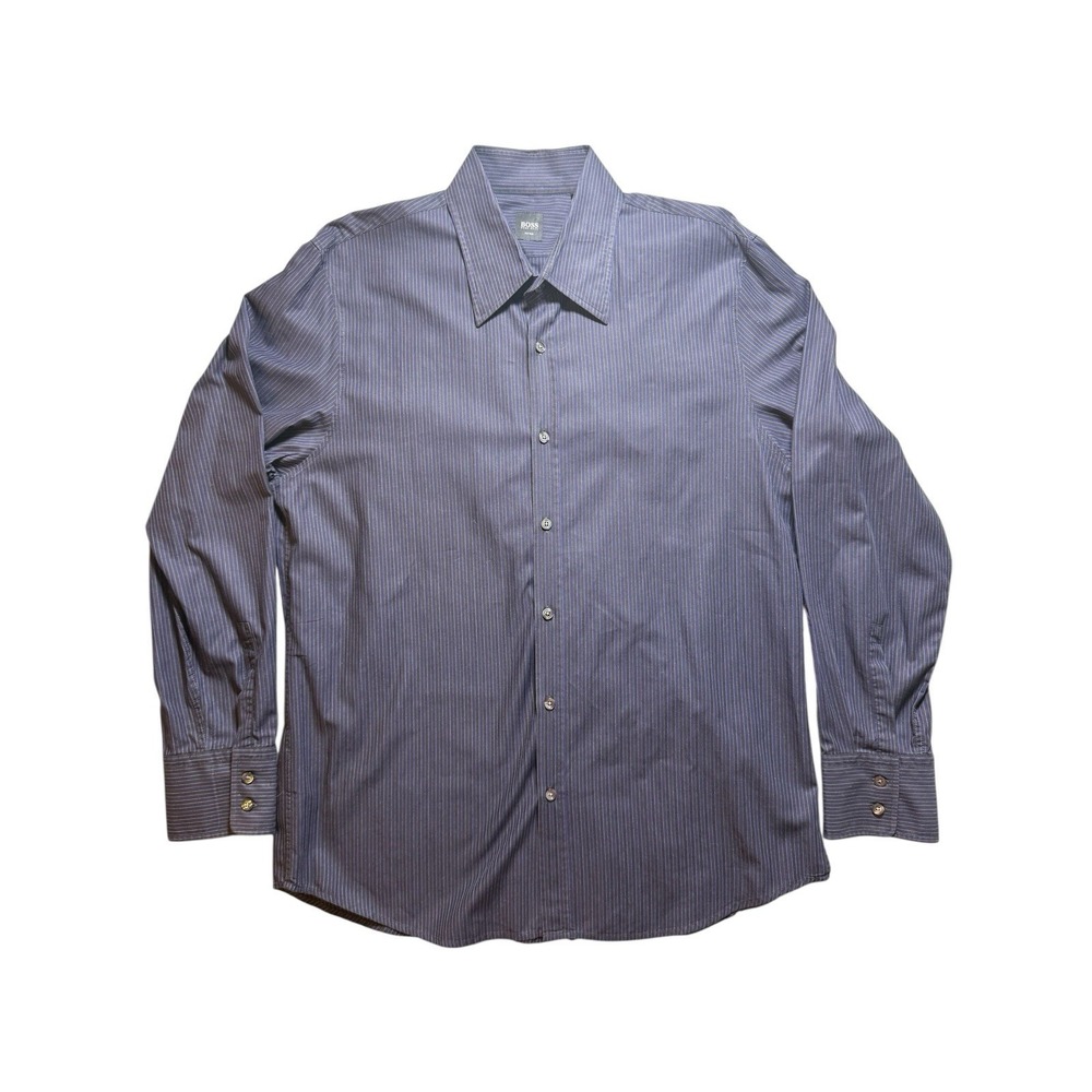 Hugo Boss Button Down Shirt Mens‎ XL Navy Blue Excellent Fitted Pinstripe L/S